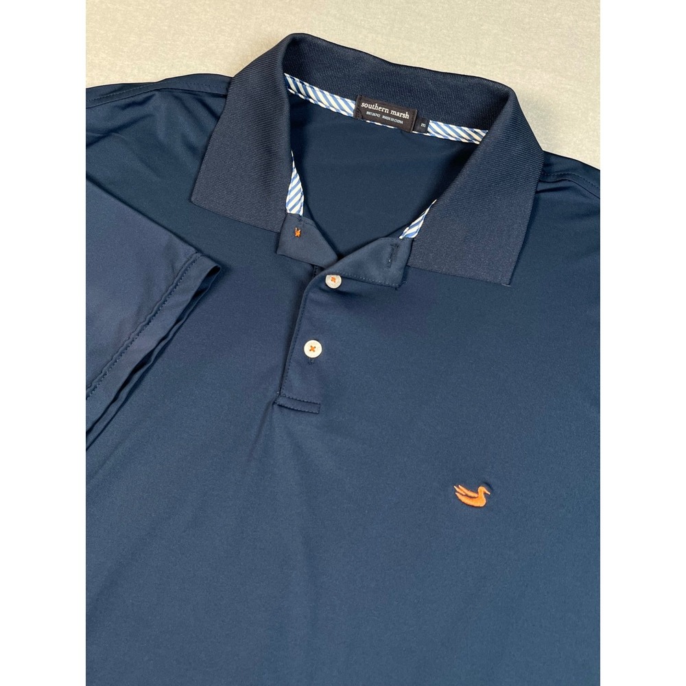 Southern Marsh Polo Men Med (fits Large 30x22) Navy Blue SS Duck‎ Logo Stretch